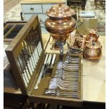 A Mappin & Webb six-setting canteen of cutlery in oak box, a brass Benares tray and folding wooden