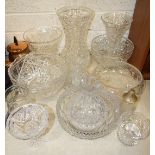 A collection of cut-glass items, including five vases, five bowls and other glassware.