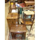 A 1930's walnut-veneered bedside cabinet, 38cm wide, various oak occasional tables, a tea trolley, a