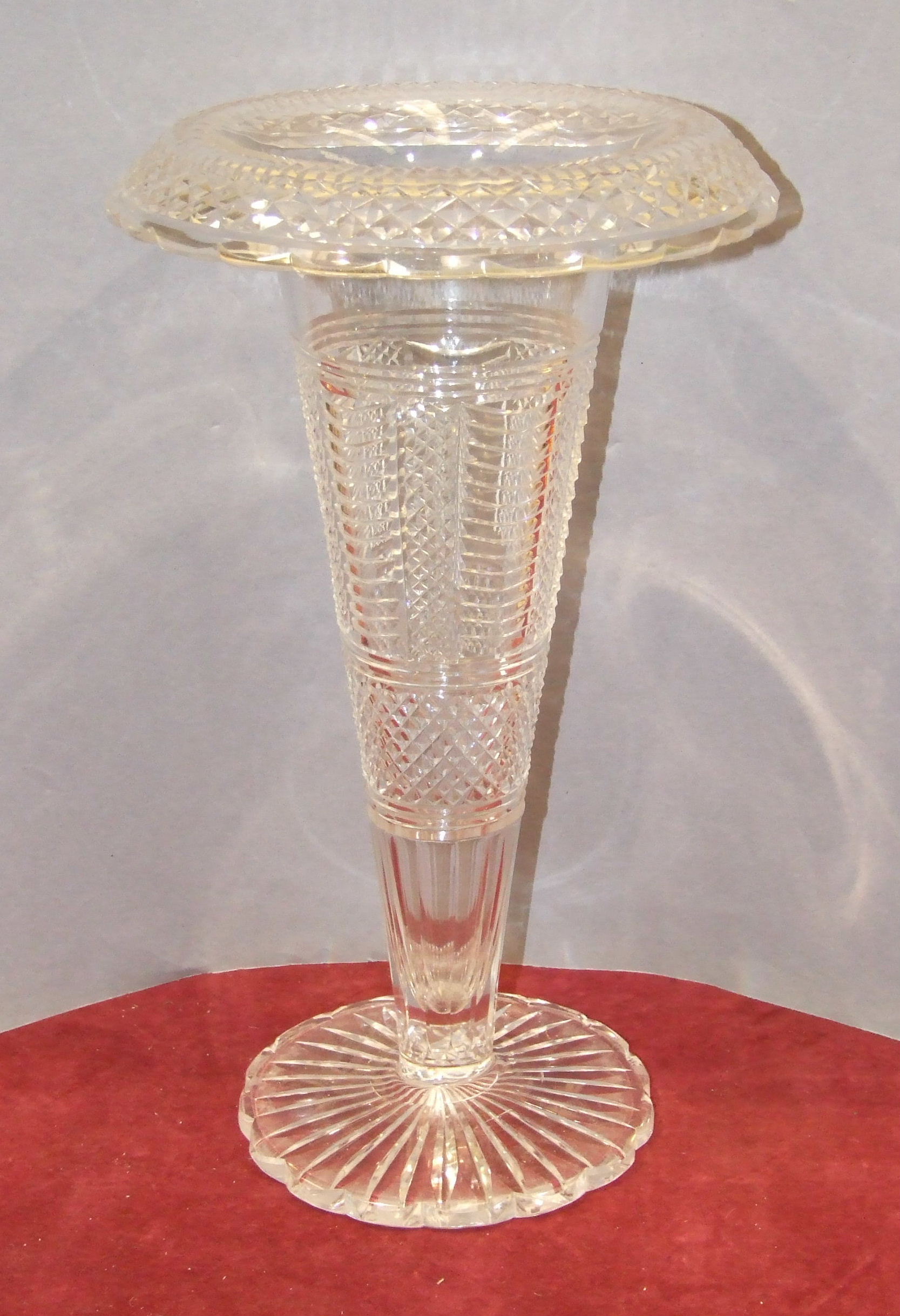 A large cut-glass trumpet shape vase with ribbed and hobnail decoration, on shaped circular base, - Image 2 of 3