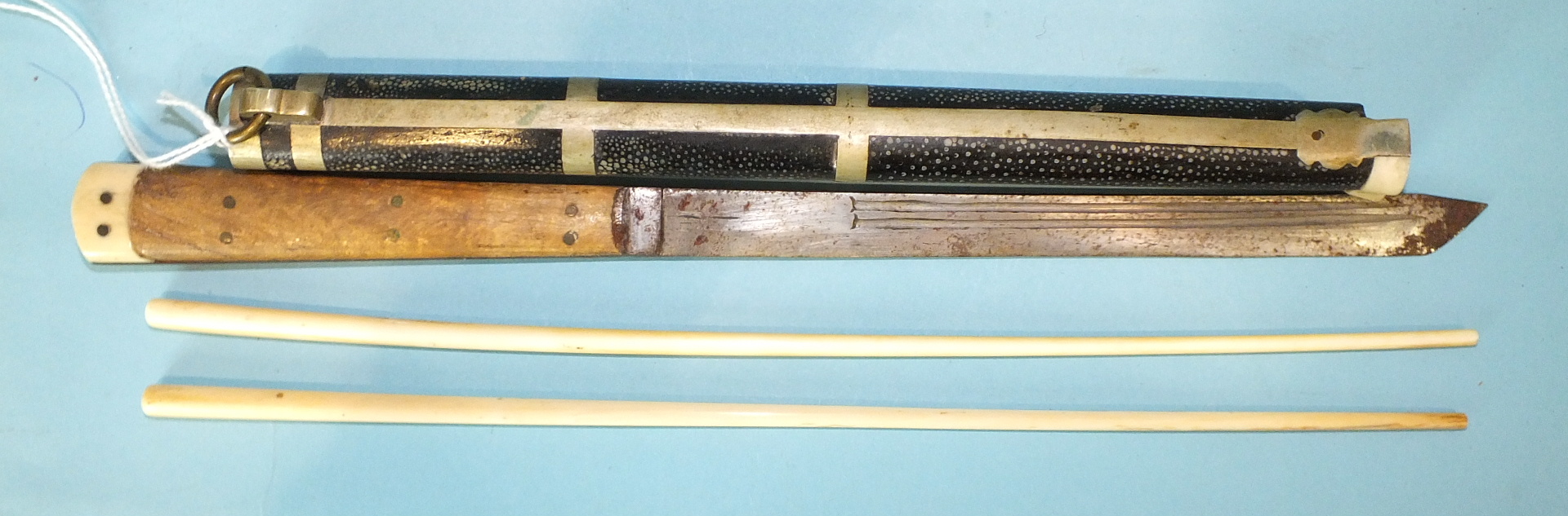 A Japanese metal-mounted shagreen-covered trousse containing bone chopsticks and knife (a/f), 30.5cm - Image 2 of 2