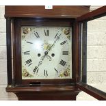 A 19th century mahogany long case clock with 11" square painted dial and movement striking on a