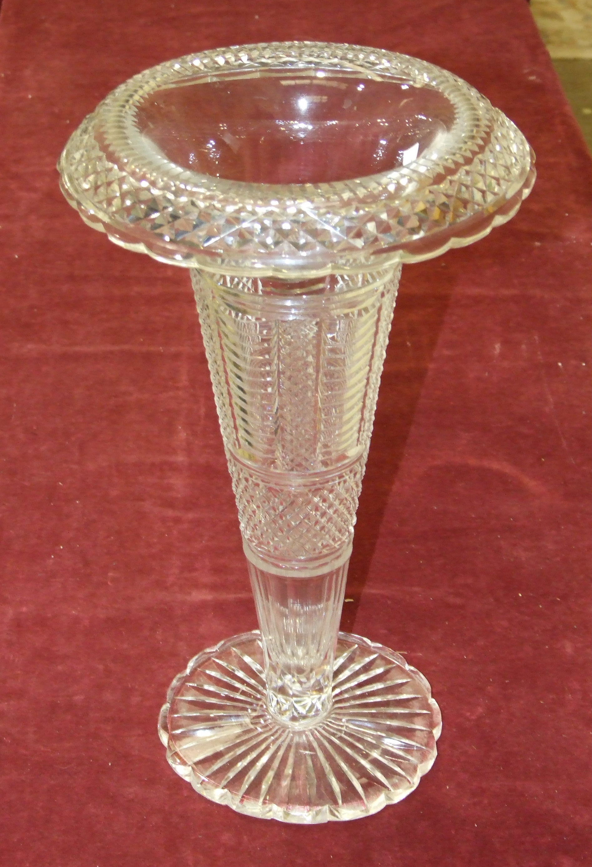 A large cut-glass trumpet shape vase with ribbed and hobnail decoration, on shaped circular base, - Image 3 of 3