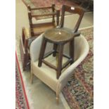 A Lloyd Loom bedroom chair, a similar linen box, a small Ercol occasional table, a folding table and