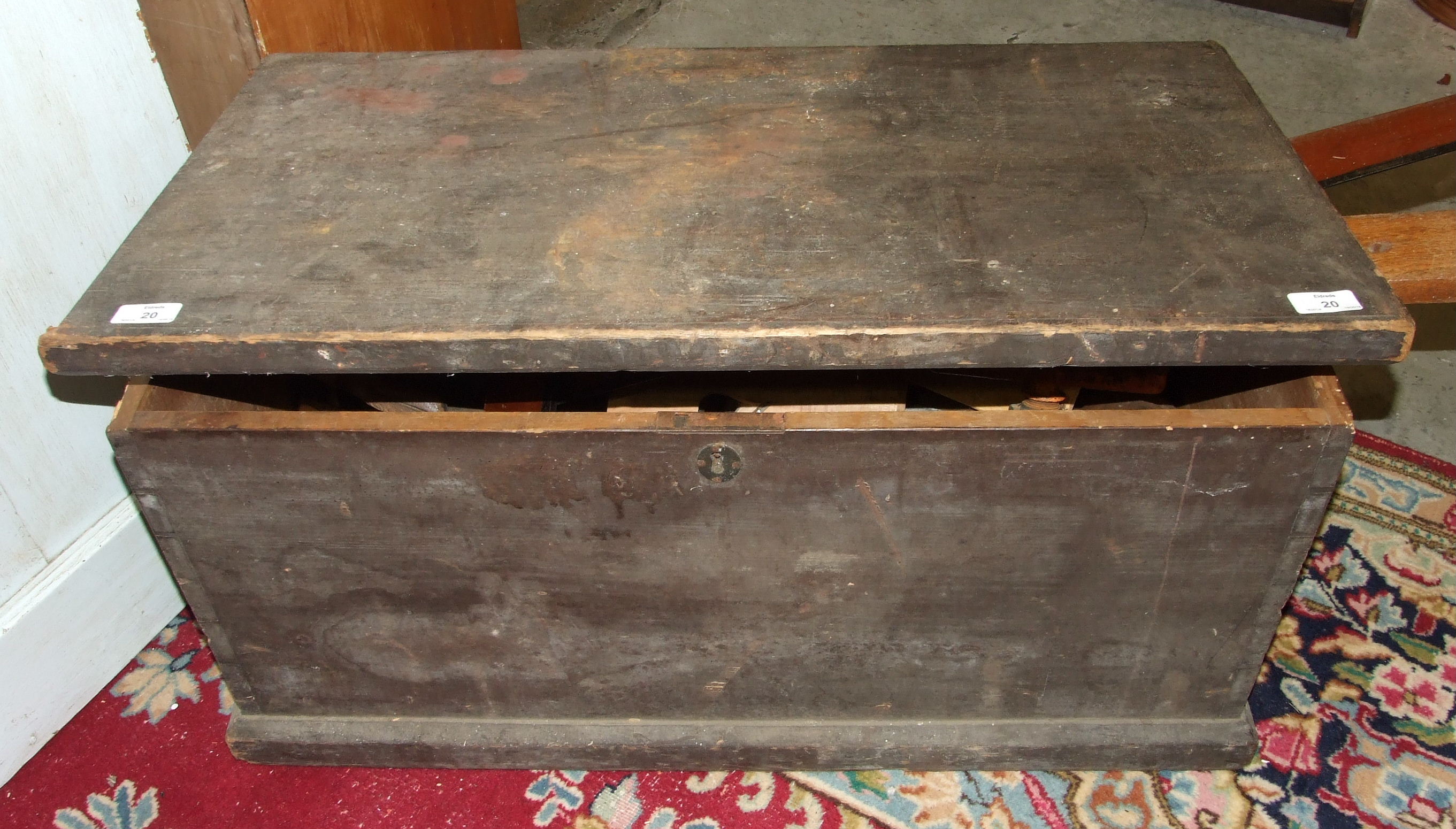 A 19th century pine tool box, paper label within 'Kate Blightman box gave to her by her master Mr