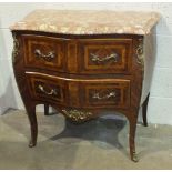 A reproduction Louis XV style bombe-shaped commode the composite marble top above two drawers with