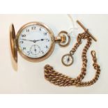 A gold-plated hunter-cased keyless pocket watch, (a/f), the white enamel dial with Arabic numerals