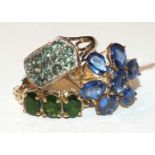 Three gem-set 9ct gold rings by G.TV, size O½, 11.5g, (3).