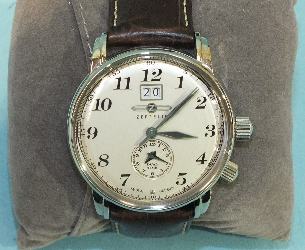 Zeppelin, a gent's LZ127 Dual Time quartz watch, the silvered dial with Arabic numerals, date