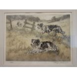 After Henry Wilkinson TWO BORDER COLLIES IN A LANDSCAPE Coloured dry point etching, limited