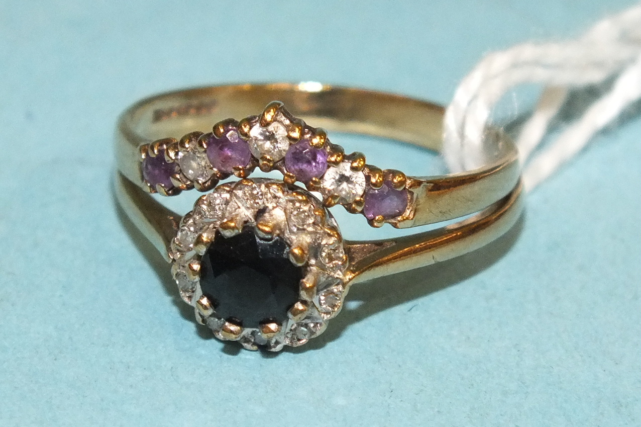 A 9ct gold sapphire and 8/8 cut diamond cluster ring and an amethyst and synthetic white stone set