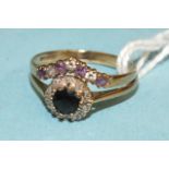 A 9ct gold sapphire and 8/8 cut diamond cluster ring and an amethyst and synthetic white stone set