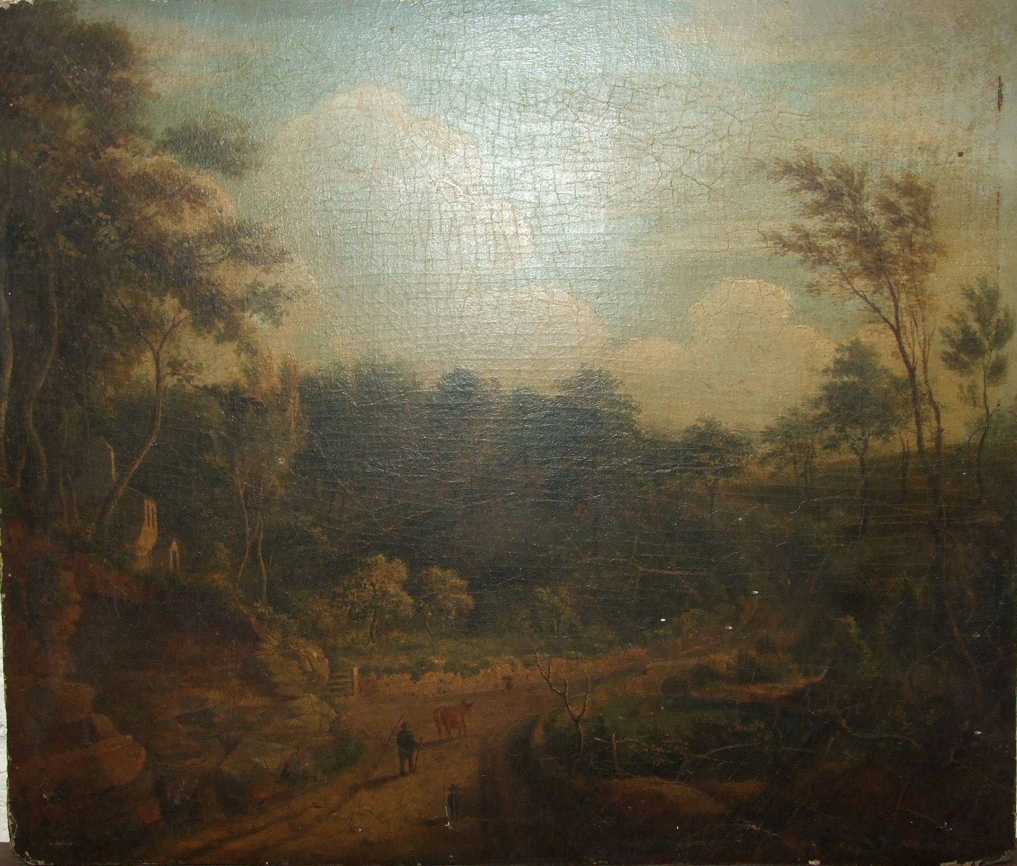 JW, 19th century English School FIGURES, CATTLE AND A DOG IN A COUNTRY LANE Monogrammed oil on - Image 3 of 3