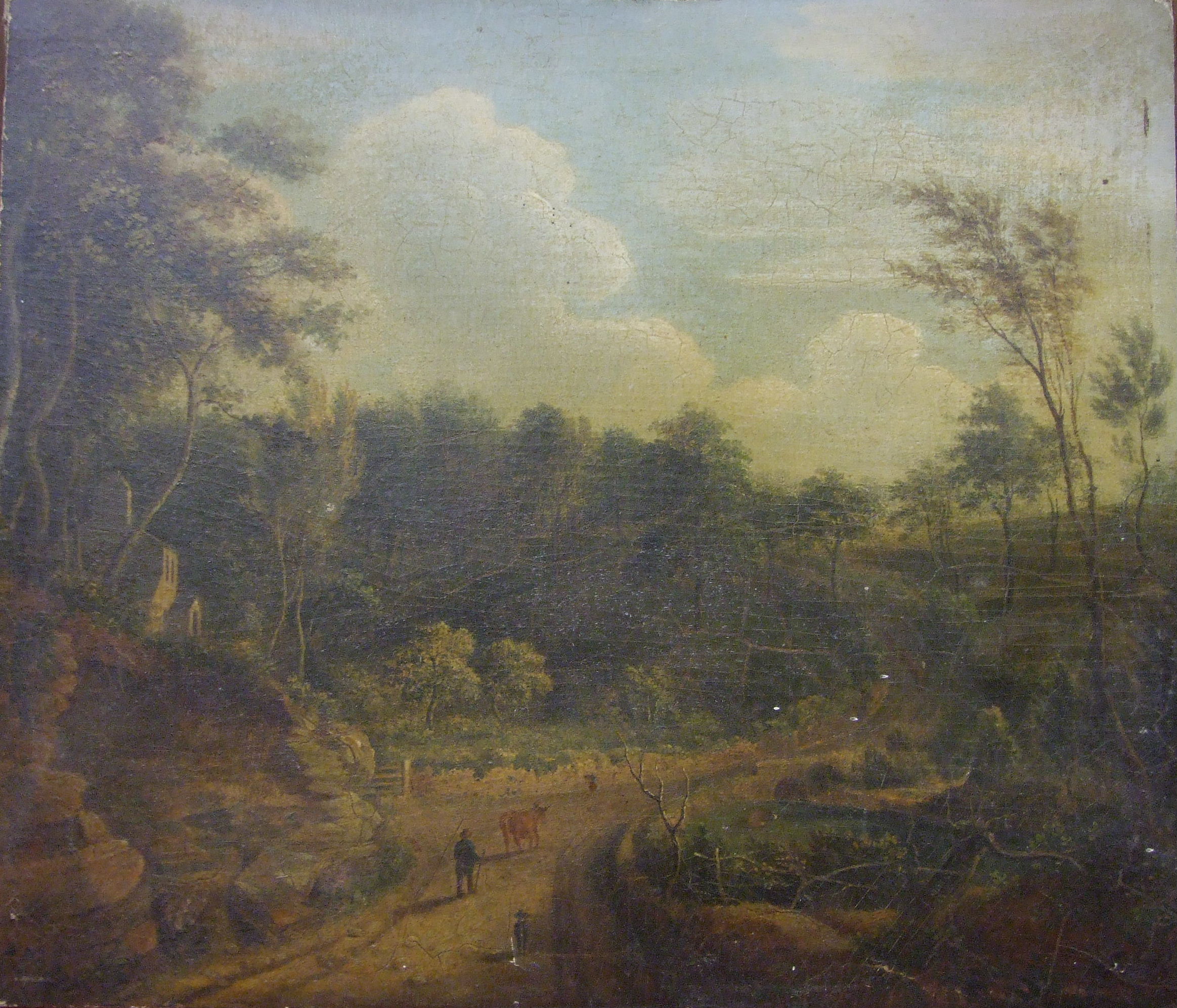 JW, 19th century English School FIGURES, CATTLE AND A DOG IN A COUNTRY LANE Monogrammed oil on