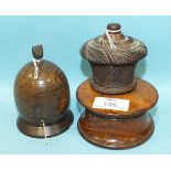 A 19th century hardwood string box of beehive shape, the brass finial with metal cutter, 11cm