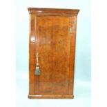 An 18th century walnut hanging corner cupboard, the moulded cornice above a single door enclosing