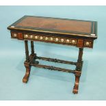 A Victorian ebony and amboyna wood card table, the fold-over top above a brass and porcelain-mounted