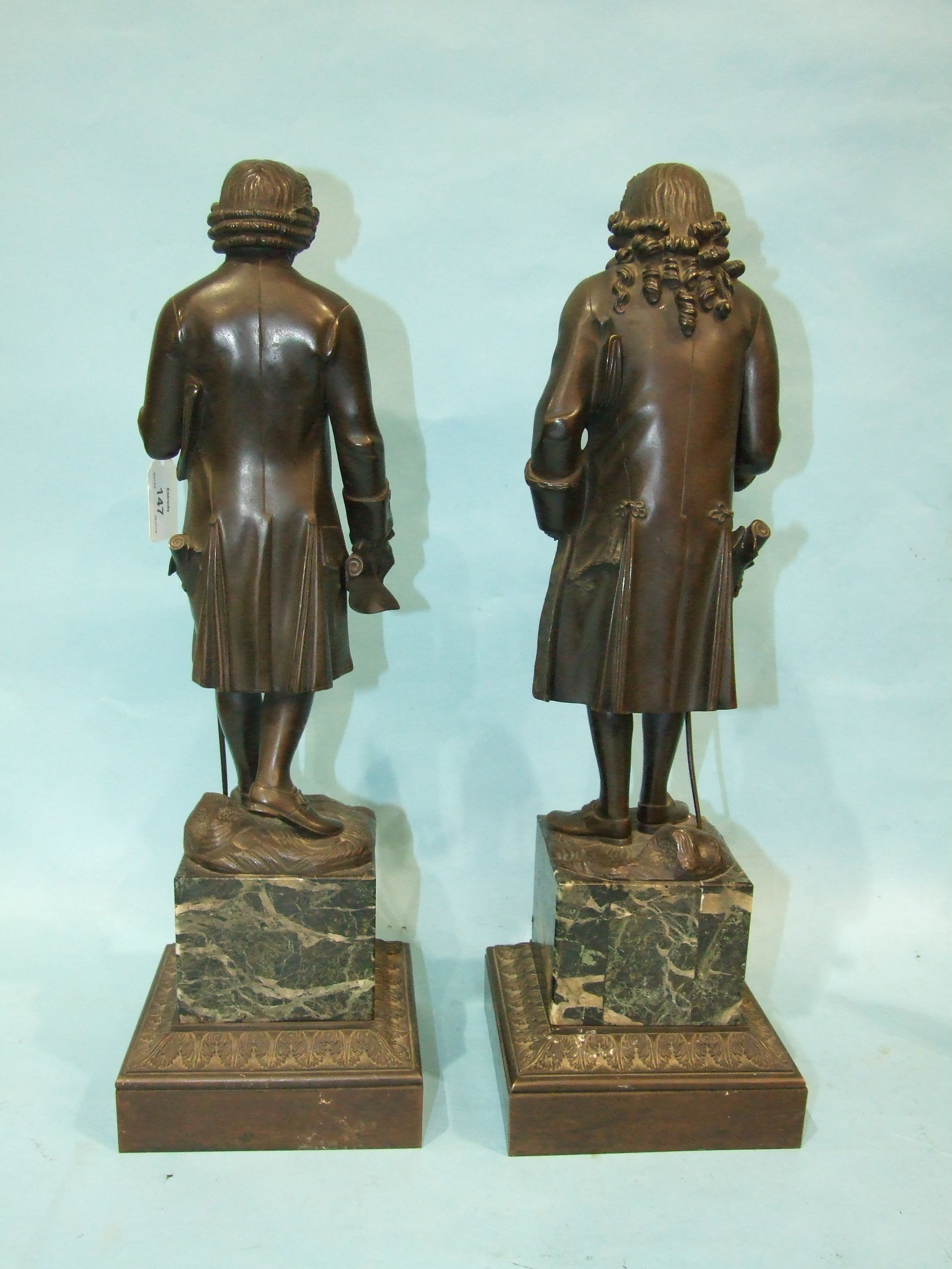 A pair of 19th century French bronze figures after Jean-Claude Rosset of Voltaire and Rousseau, each - Image 2 of 13