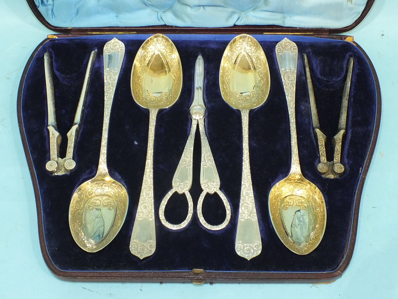 A Victorian silver plated dessert set by Harrison Brothers & Howson, comprising three serving