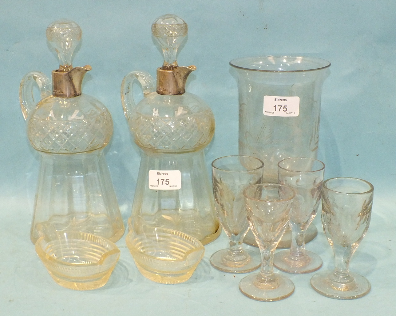 A group of 19th century glass, including a celery vase, 20cm high, a pair of basket shape salts,