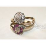 An 18ct gold ring set a diamond cluster, size L, 2.8g and a small ruby and diamond cluster 9ct