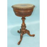 A Victorian carved walnut teapoy, the circular lid revealing two lined canisters and two later