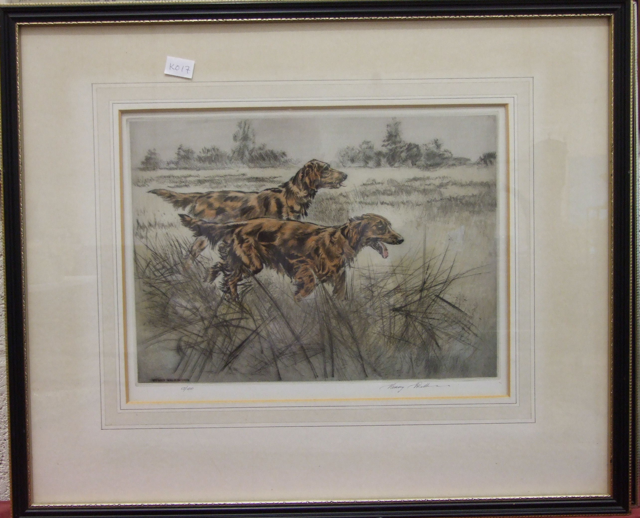 After Henry Wilkinson TWO IRISH SETTERS IN A LANDSCAPE Coloured dry point etching, limited edition - Image 2 of 2