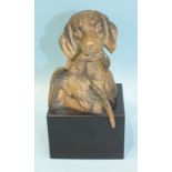 A modern painted bronze bust of a Retriever carrying a duck on black plinth, 13cm high and a