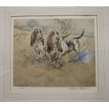 After Henry Wilkinson TWO BASSETT HOUNDS IN A LANDSCAPE Coloured dry point etching, limited