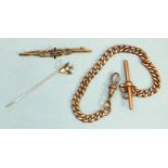 A 9ct rose gold curb link watch chain (shackle af), 21cm, 21.6g, a 9ct gold bar brooch (af) and a