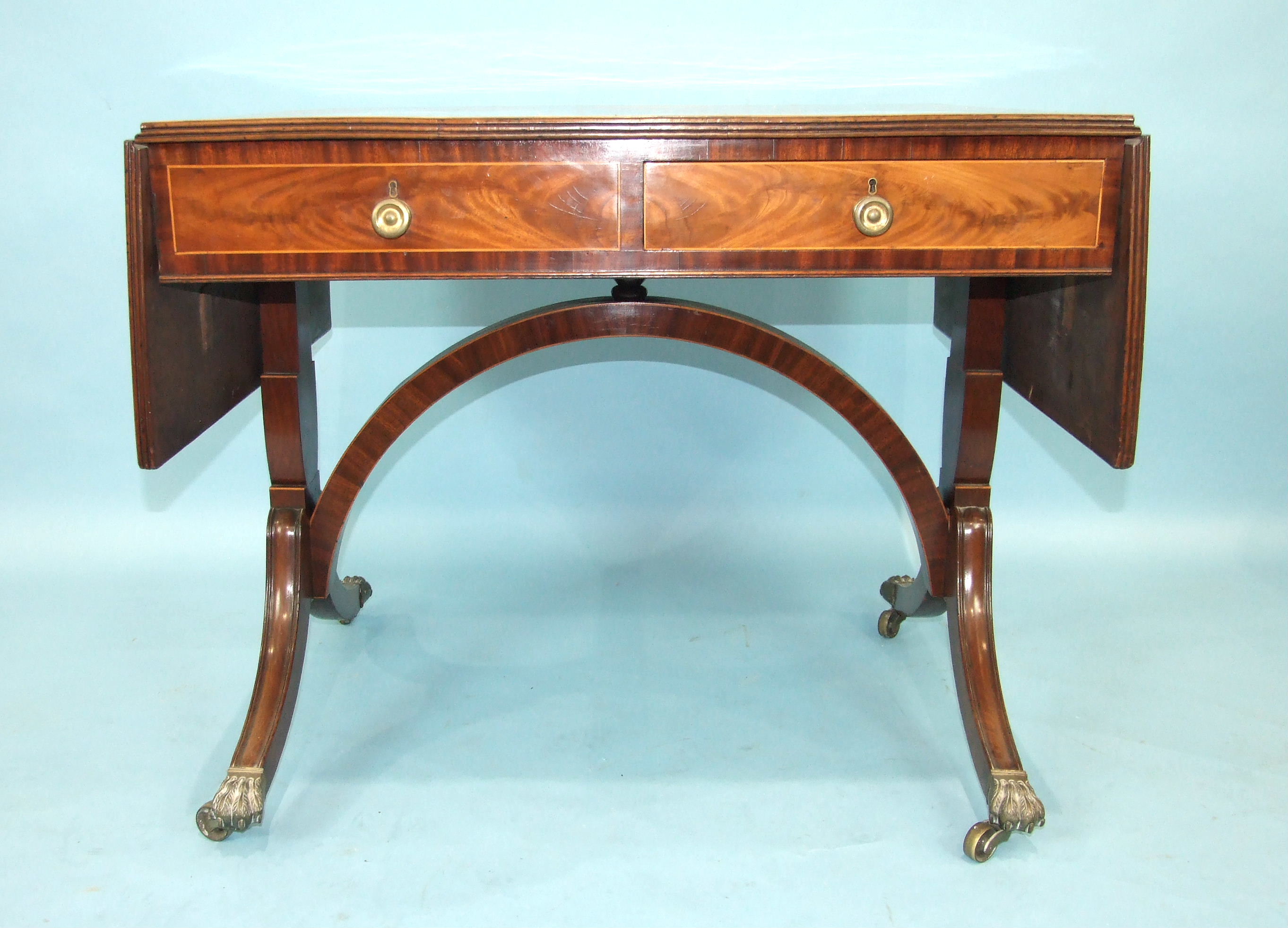 An early-19th century mahogany sofa table, the cross-banded top with two drop leaves above two - Image 2 of 3