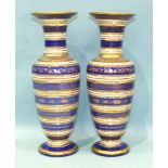 A pair of 19th century Bohemian blue and white overlay vases of ribbed baluster form, decorated with