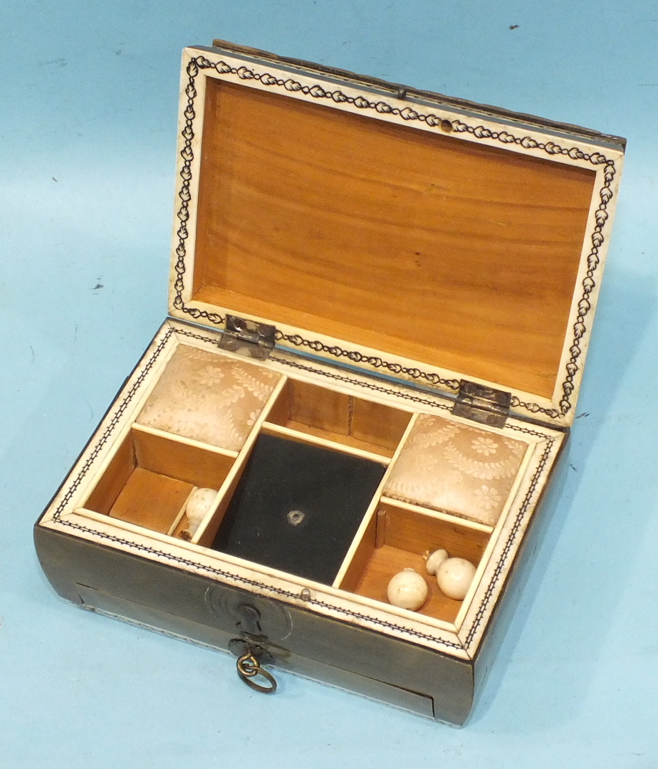 A 19th century horn and Visagapatam small work box of casket form, the hinged lid and fitted - Image 2 of 2