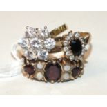 A cubic zirconia cluster 9ct gold ring and two other gem-set gold rings, sizes P to Q, 8.8g, (3).