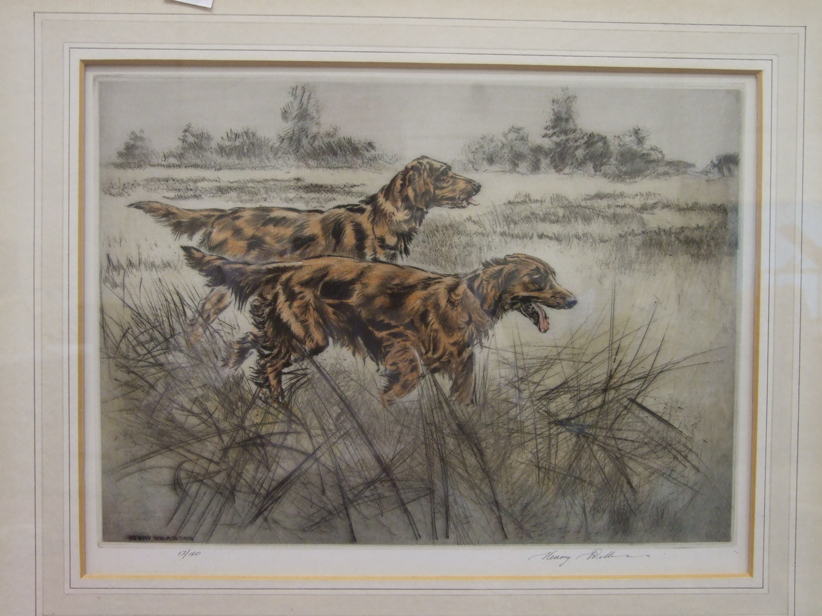 After Henry Wilkinson TWO IRISH SETTERS IN A LANDSCAPE Coloured dry point etching, limited edition