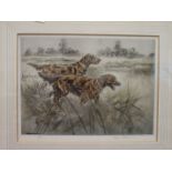 After Henry Wilkinson TWO IRISH SETTERS IN A LANDSCAPE Coloured dry point etching, limited edition