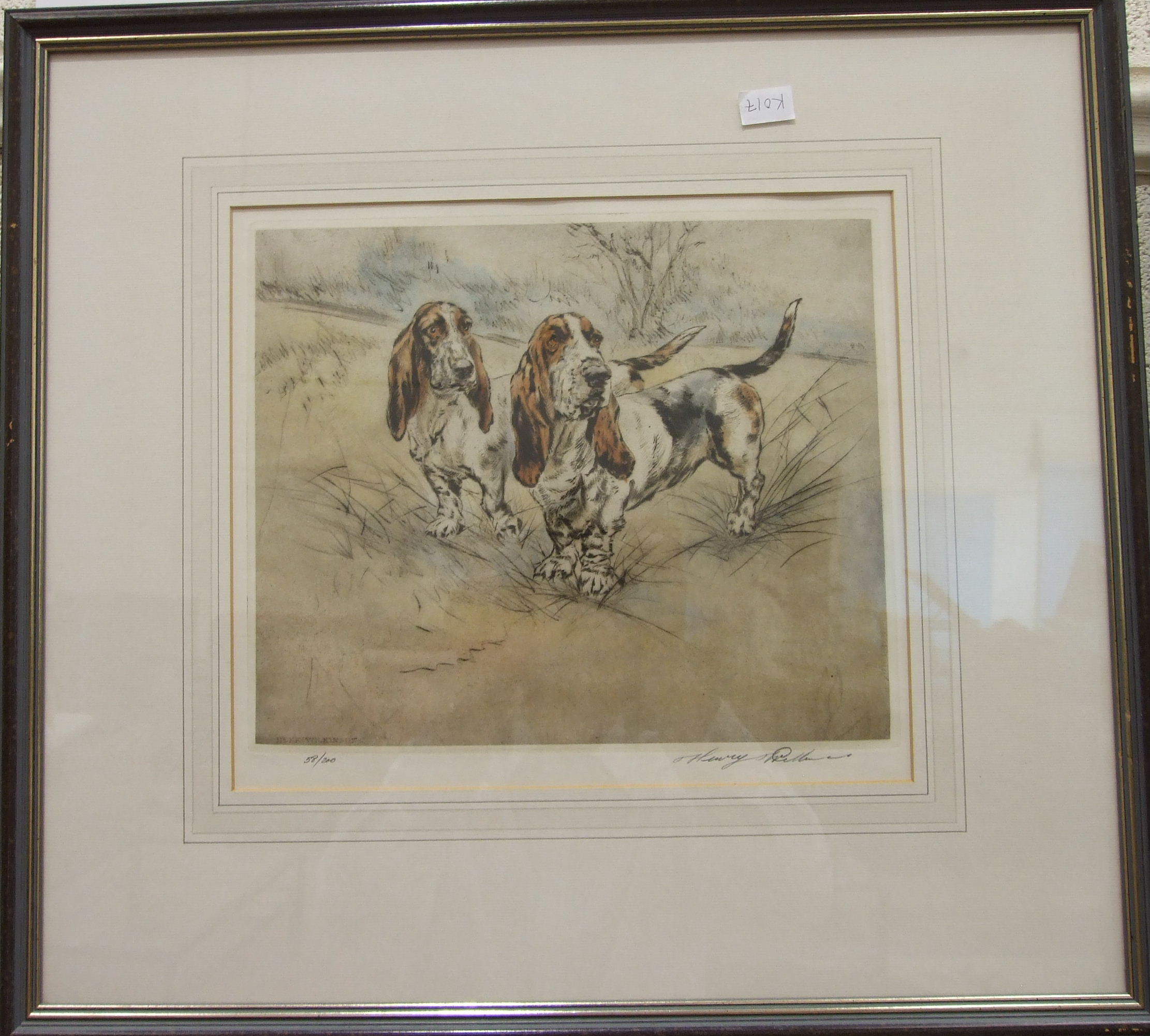 After Henry Wilkinson TWO BASSETT HOUNDS IN A LANDSCAPE Coloured dry point etching, limited - Image 2 of 2