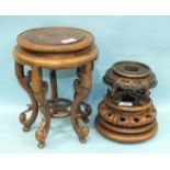 A Chinese carved hardwood jardinière stand, the circular burr wood top, 20cm diameter, on five