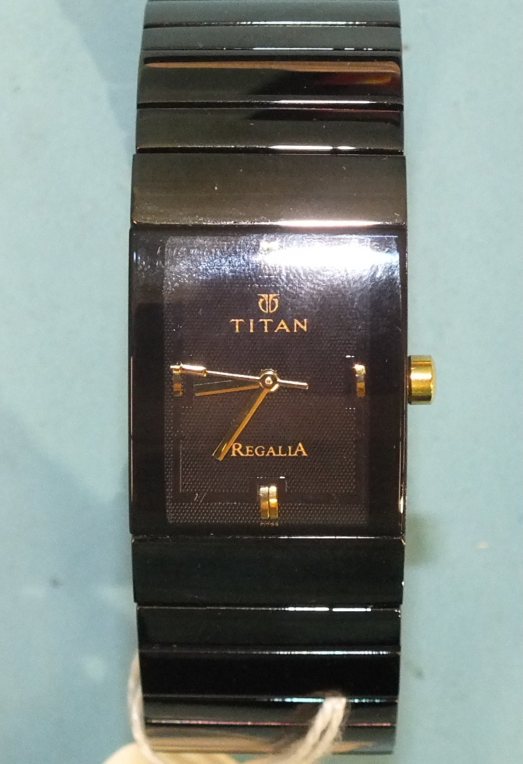 A Titan Regalia gent's quartz dress watch, the square black face, 22mm wide, with black-plated