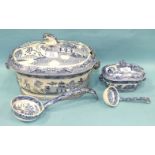 A Victorian blue and white willow pattern tureen, cover and ladle, 34cm wide, 22cm high and a