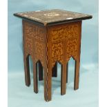 An early-20th century Persian hardwood square table with overall marquetry decoration, the top