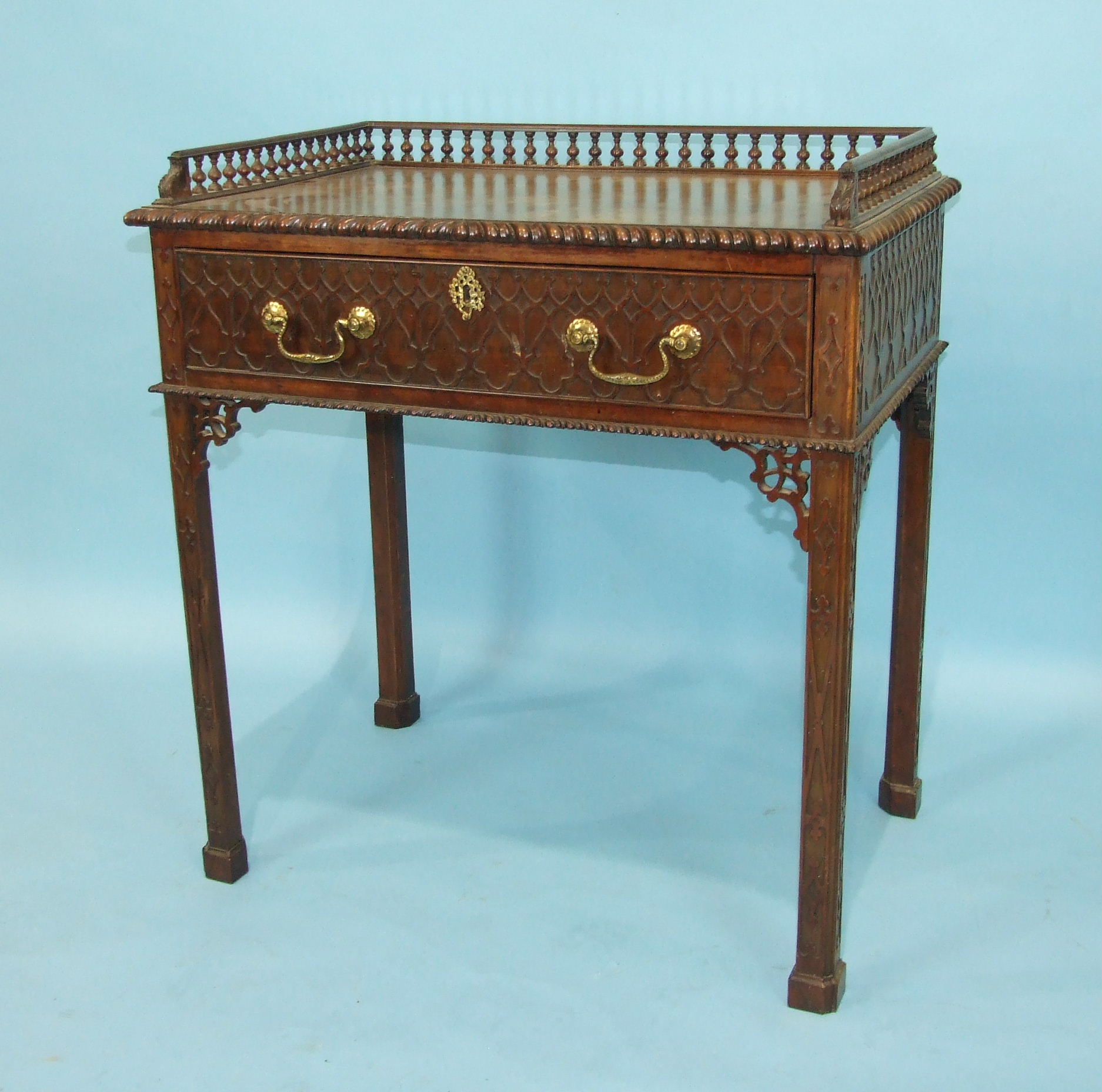 A good quality mahogany side table in the Chippendale taste, the rectangular galleried top above a - Image 2 of 4