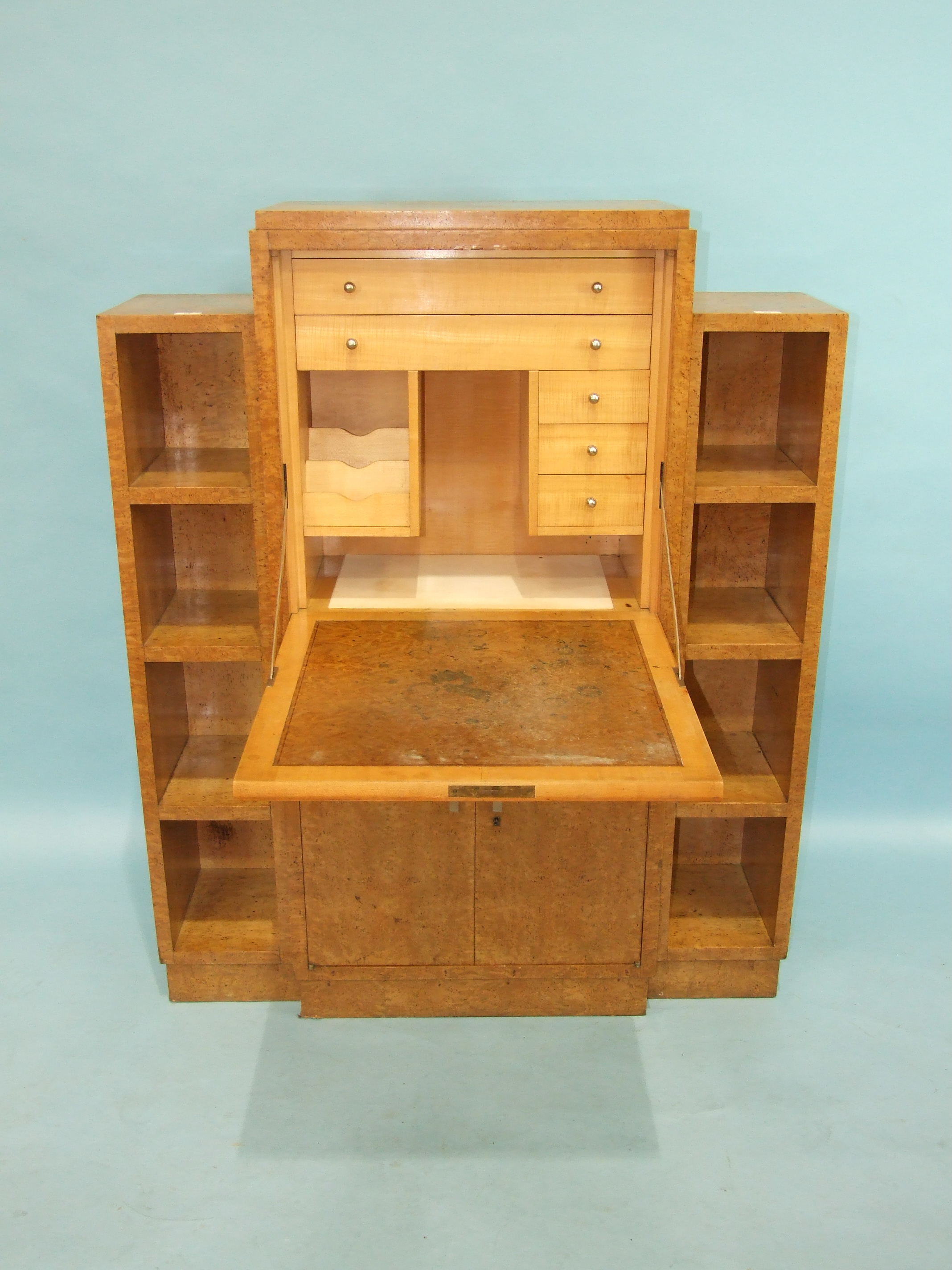 A mid-20th century Continental bird's eye maple combination bookcase and secrétaire à abattant, with - Image 3 of 4