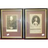 A framed engraving of Anna Bullen, 22 x 14cm, another of Margaret Bullen and three others of