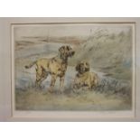 After Henry Wilkinson, TWO YELLOW LABRADORS IN A LANDSCAPE Coloured dry point etching, limited