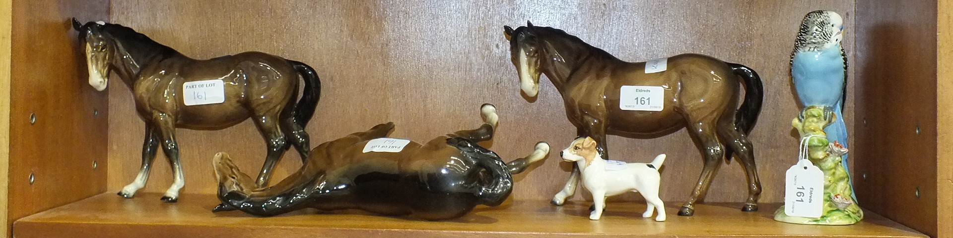 Two Beswick model horses, Mare, facing left, brown gloss (1 af), one other horse, af, a blue