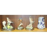 Three composite Country Artists figurines, kingfisher, thrush and owl and a continental art