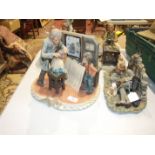 A modern Capo di Monte figure group, "The Barber" by Corti, 22cm high, another, "The Cobbler" and
