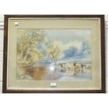 W V Tippet, "Cattle in a Stream", signed watercolour, dated '79, 39 x 54cm, a framed set of military