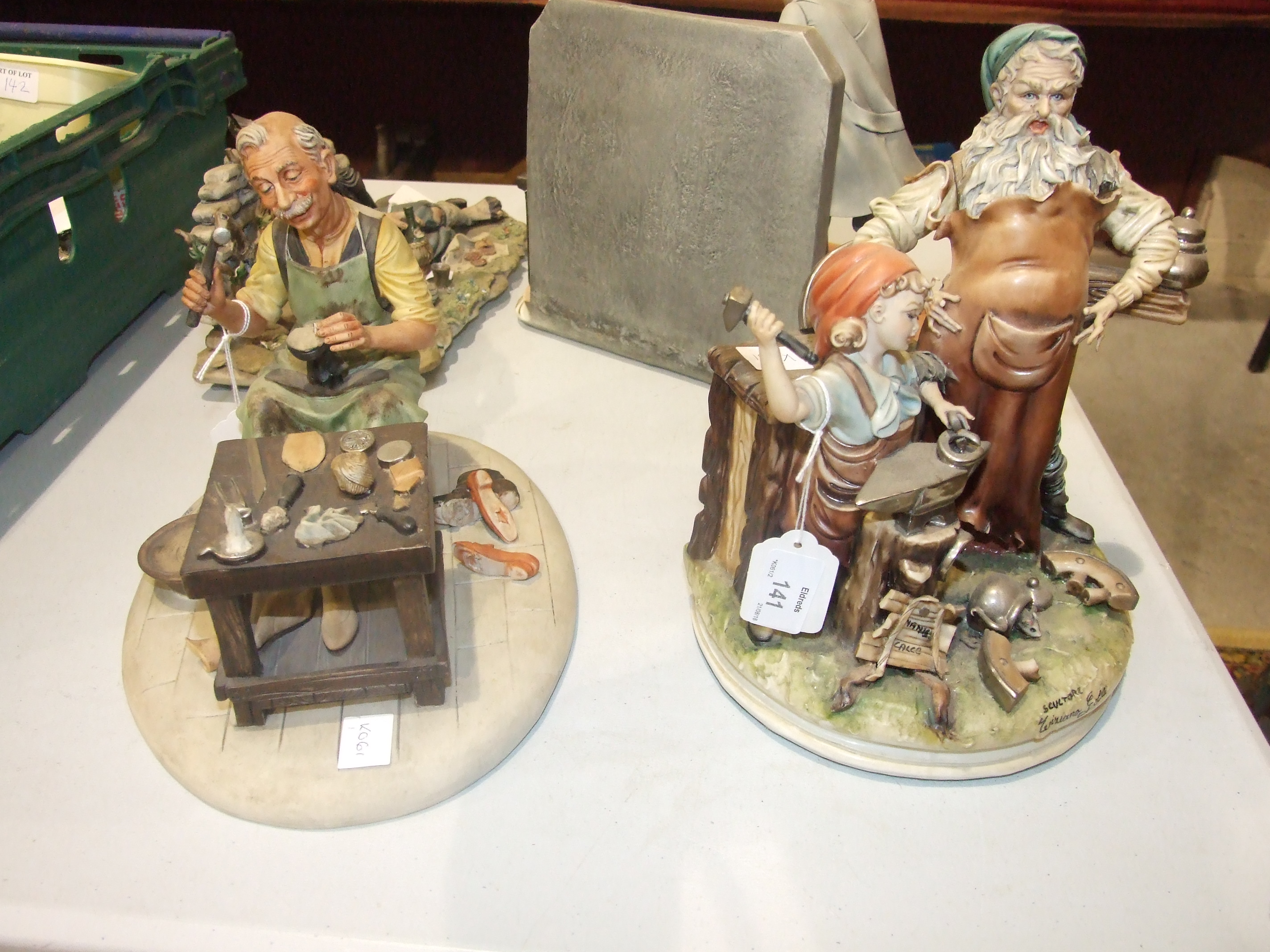 A modern Capo di Monte figure group, "The Barber" by Corti, 22cm high, another, "The Cobbler" and - Image 2 of 2